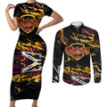 Personalized Brisbane Broncos Couples Matching Short Sleeve Bodycon Dress and Long Sleeve Button Shirt Graffiti Grunge Abstract Urban Street Style Design