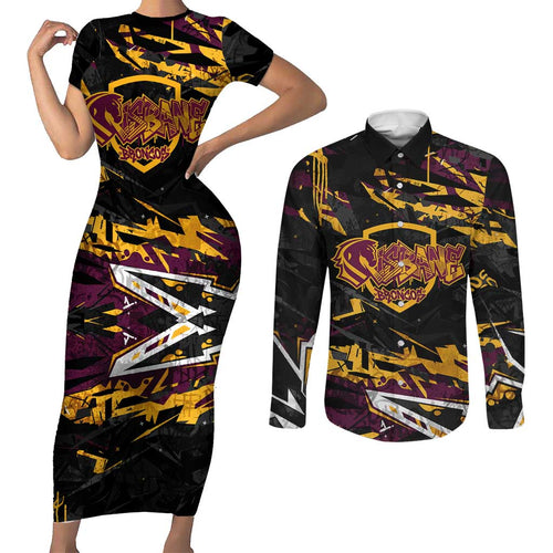 Personalized Brisbane Broncos Couples Matching Short Sleeve Bodycon Dress and Long Sleeve Button Shirt Graffiti Grunge Abstract Urban Street Style Design