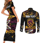 Personalized Brisbane Broncos Couples Matching Short Sleeve Bodycon Dress and Long Sleeve Button Shirt Graffiti Grunge Abstract Urban Street Style Design
