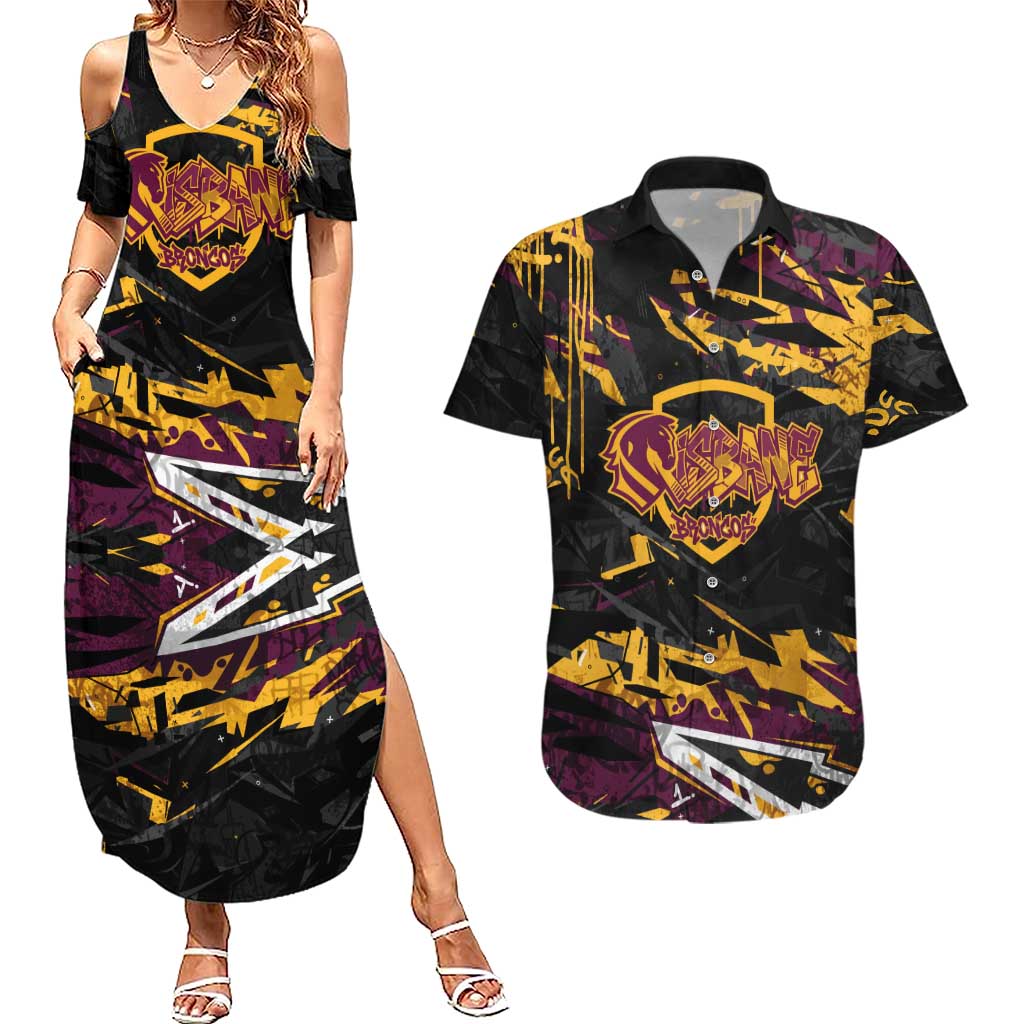 Personalized Brisbane Broncos Couples Matching Summer Maxi Dress and Hawaiian Shirt Graffiti Grunge Abstract Urban Street Style Design