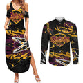 Personalized Brisbane Broncos Couples Matching Summer Maxi Dress and Long Sleeve Button Shirt Graffiti Grunge Abstract Urban Street Style Design
