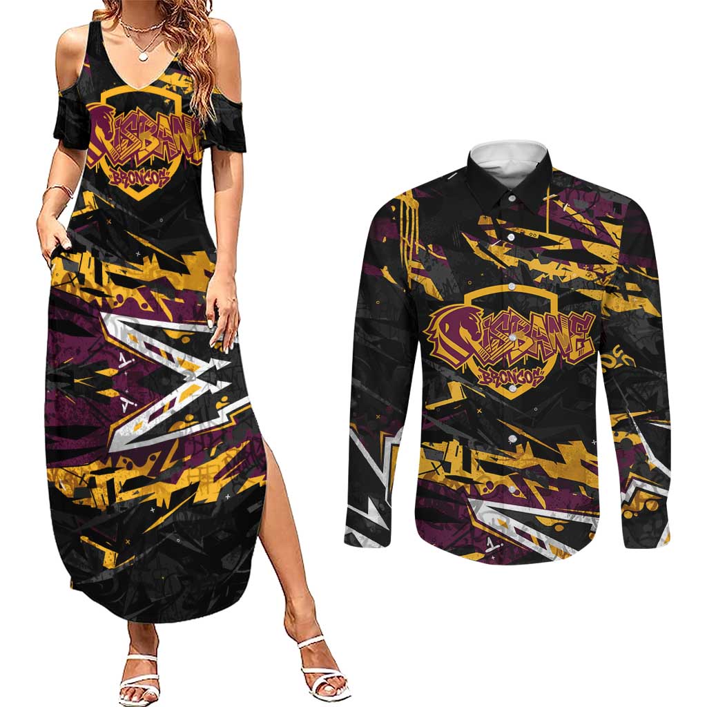 Personalized Brisbane Broncos Couples Matching Summer Maxi Dress and Long Sleeve Button Shirt Graffiti Grunge Abstract Urban Street Style Design