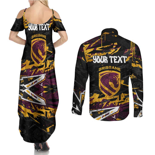 Personalized Brisbane Broncos Couples Matching Summer Maxi Dress and Long Sleeve Button Shirt Graffiti Grunge Abstract Urban Street Style Design