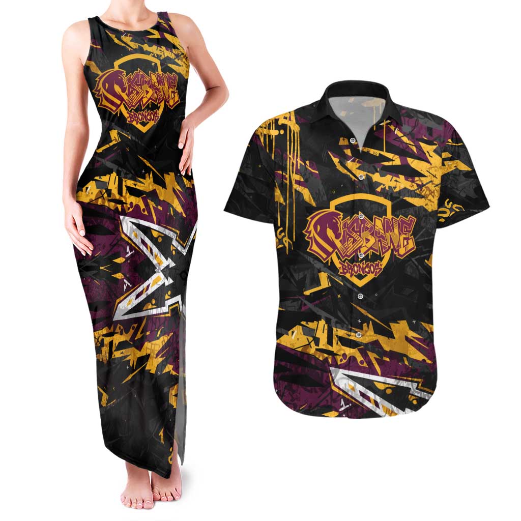 Personalized Brisbane Broncos Couples Matching Tank Maxi Dress and Hawaiian Shirt Graffiti Grunge Abstract Urban Street Style Design