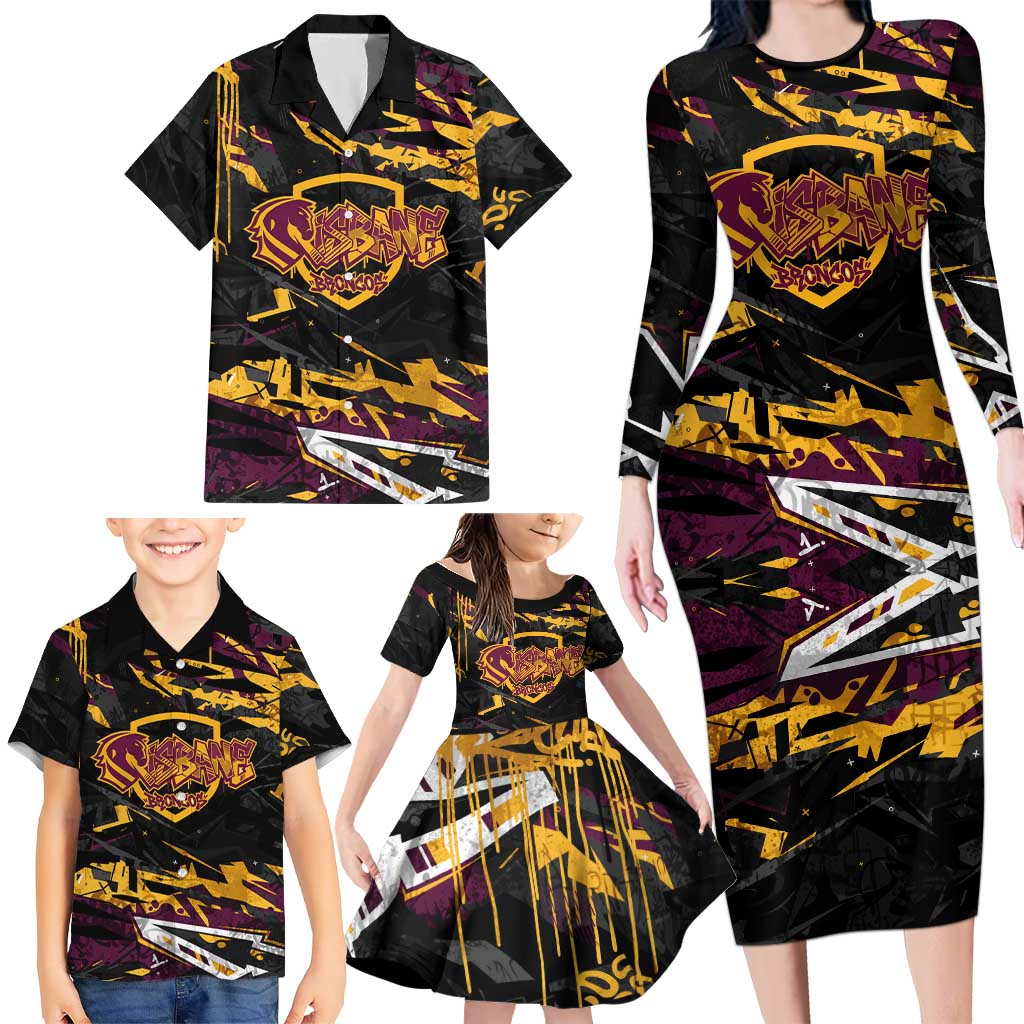 Personalized Brisbane Broncos Family Matching Long Sleeve Bodycon Dress and Hawaiian Shirt Graffiti Grunge Abstract Urban Street Style Design