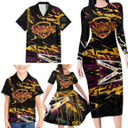 Personalized Brisbane Broncos Family Matching Long Sleeve Bodycon Dress and Hawaiian Shirt Graffiti Grunge Abstract Urban Street Style Design