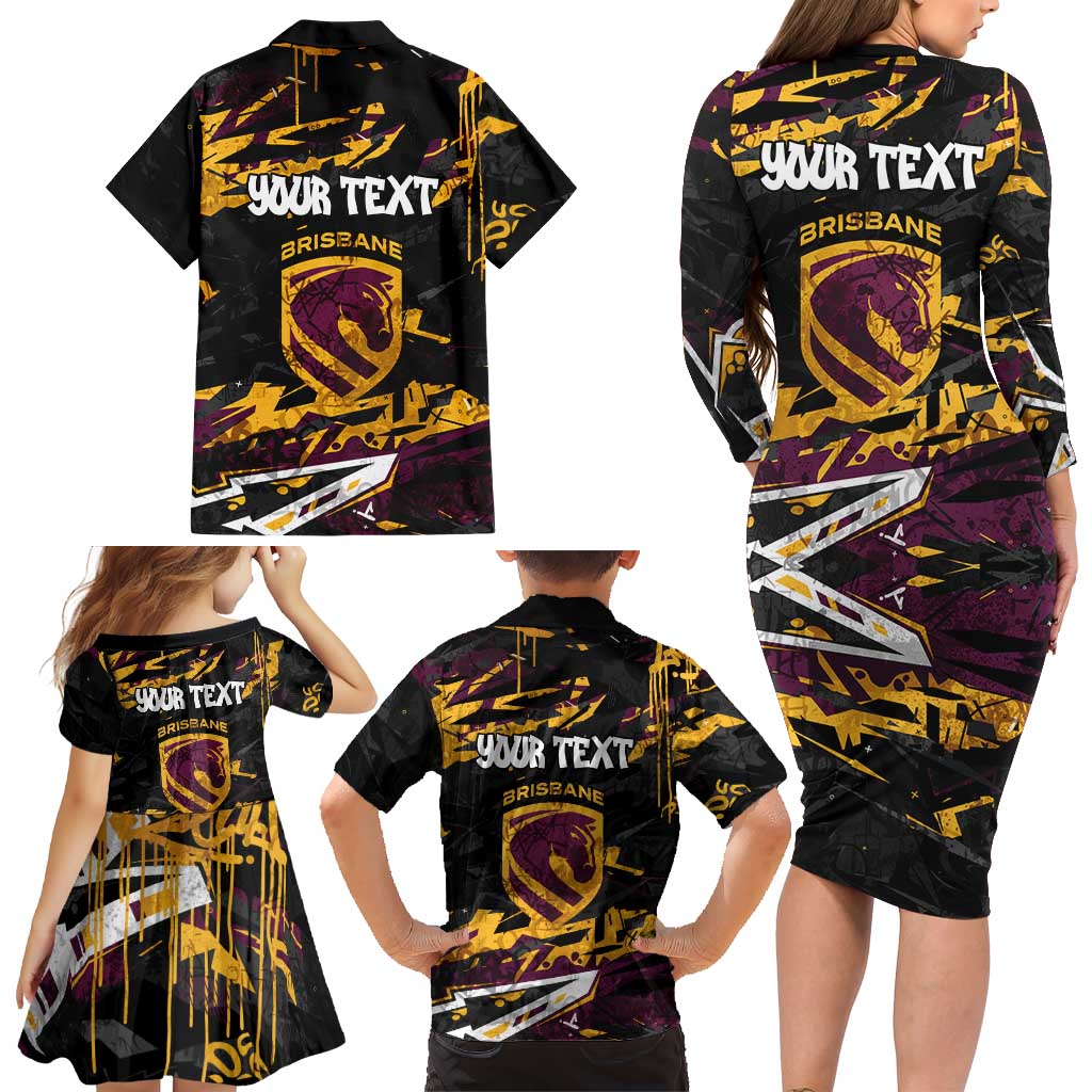Personalized Brisbane Broncos Family Matching Long Sleeve Bodycon Dress and Hawaiian Shirt Graffiti Grunge Abstract Urban Street Style Design