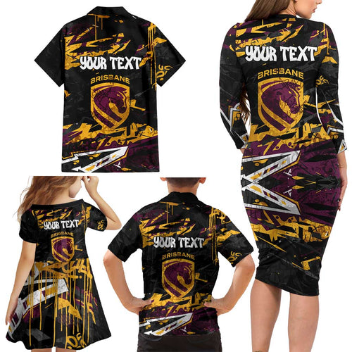 Personalized Brisbane Broncos Family Matching Long Sleeve Bodycon Dress and Hawaiian Shirt Graffiti Grunge Abstract Urban Street Style Design