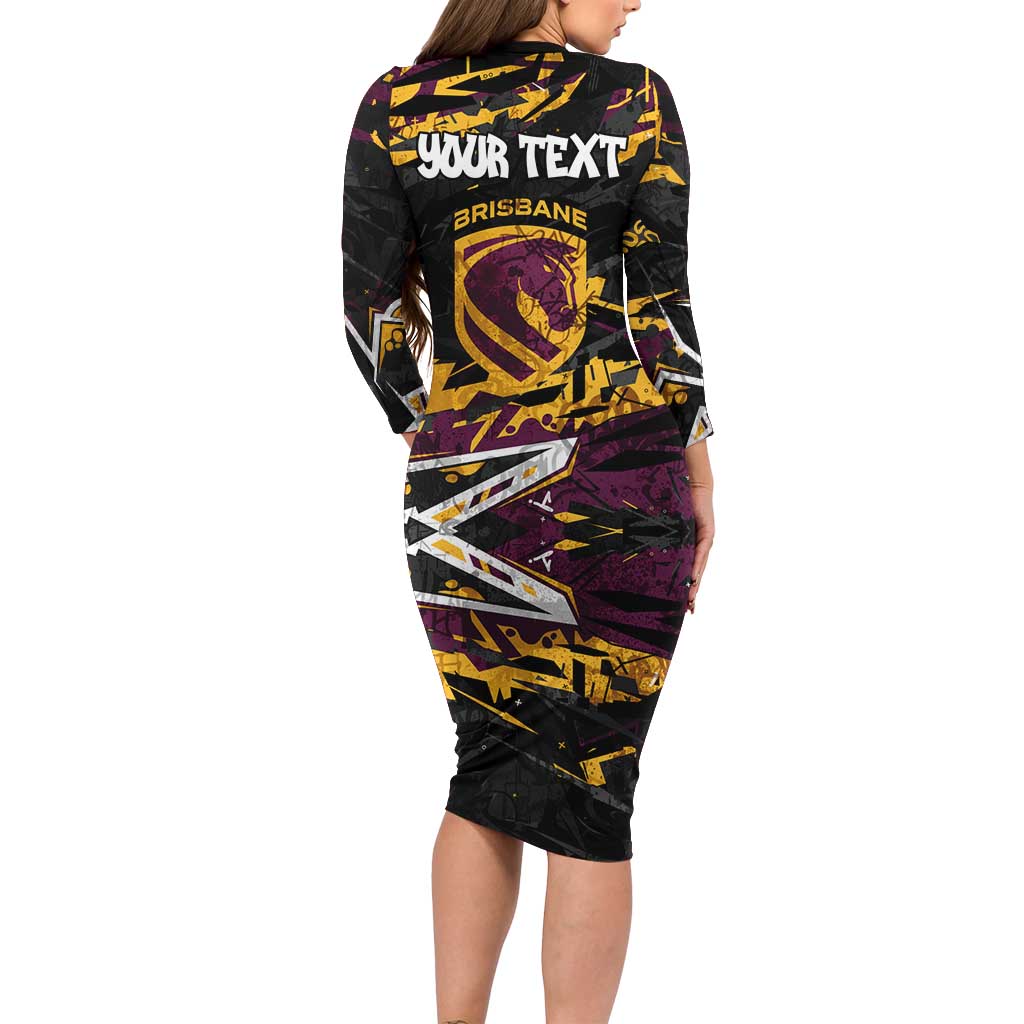 Personalized Brisbane Broncos Family Matching Long Sleeve Bodycon Dress and Hawaiian Shirt Graffiti Grunge Abstract Urban Street Style Design