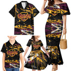 Personalized Brisbane Broncos Family Matching Mermaid Dress and Hawaiian Shirt Graffiti Grunge Abstract Urban Street Style Design