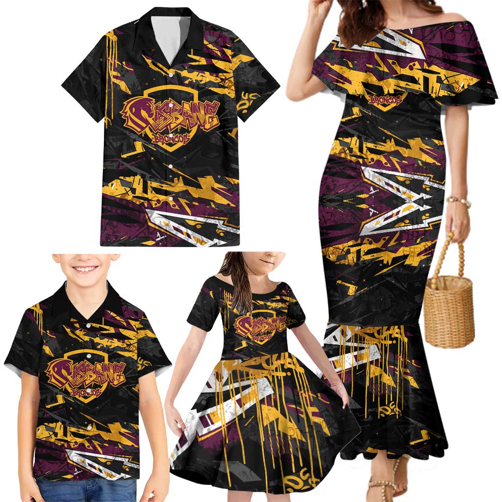 Personalized Brisbane Broncos Family Matching Mermaid Dress and Hawaiian Shirt Graffiti Grunge Abstract Urban Street Style Design