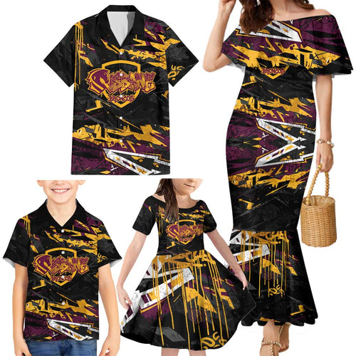 Personalized Brisbane Broncos Family Matching Mermaid Dress and Hawaiian Shirt Graffiti Grunge Abstract Urban Street Style Design