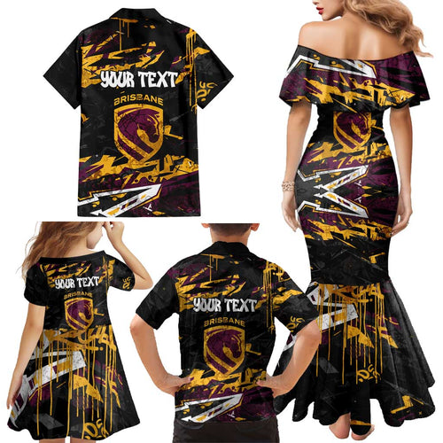 Personalized Brisbane Broncos Family Matching Mermaid Dress and Hawaiian Shirt Graffiti Grunge Abstract Urban Street Style Design