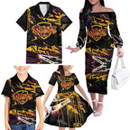 Personalized Brisbane Broncos Family Matching Off The Shoulder Long Sleeve Dress and Hawaiian Shirt Graffiti Grunge Abstract Urban Street Style Design