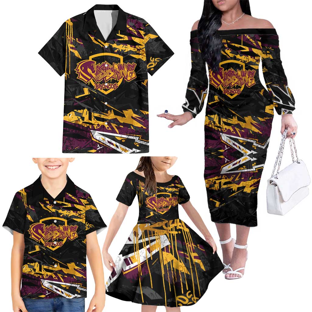 Personalized Brisbane Broncos Family Matching Off The Shoulder Long Sleeve Dress and Hawaiian Shirt Graffiti Grunge Abstract Urban Street Style Design