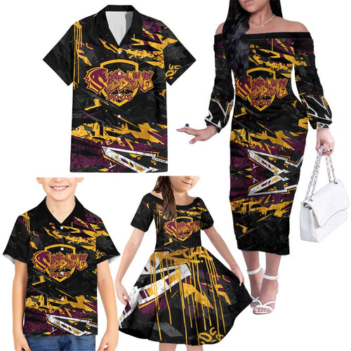 Personalized Brisbane Broncos Family Matching Off The Shoulder Long Sleeve Dress and Hawaiian Shirt Graffiti Grunge Abstract Urban Street Style Design