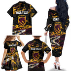 Personalized Brisbane Broncos Family Matching Off The Shoulder Long Sleeve Dress and Hawaiian Shirt Graffiti Grunge Abstract Urban Street Style Design