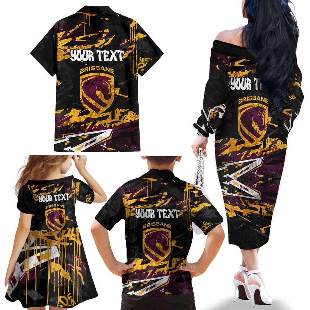 Personalized Brisbane Broncos Family Matching Off The Shoulder Long Sleeve Dress and Hawaiian Shirt Graffiti Grunge Abstract Urban Street Style Design