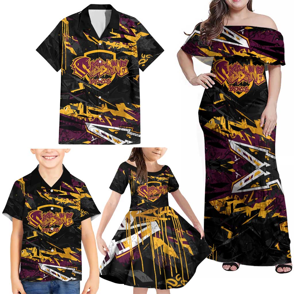 Personalized Brisbane Broncos Family Matching Off Shoulder Maxi Dress and Hawaiian Shirt Graffiti Grunge Abstract Urban Street Style Design