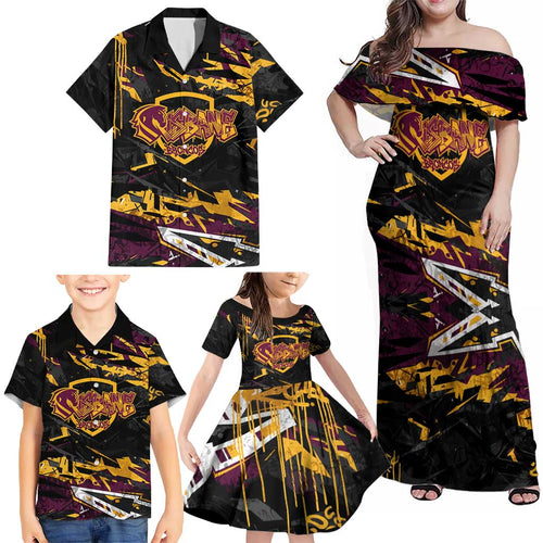 Personalized Brisbane Broncos Family Matching Off Shoulder Maxi Dress and Hawaiian Shirt Graffiti Grunge Abstract Urban Street Style Design