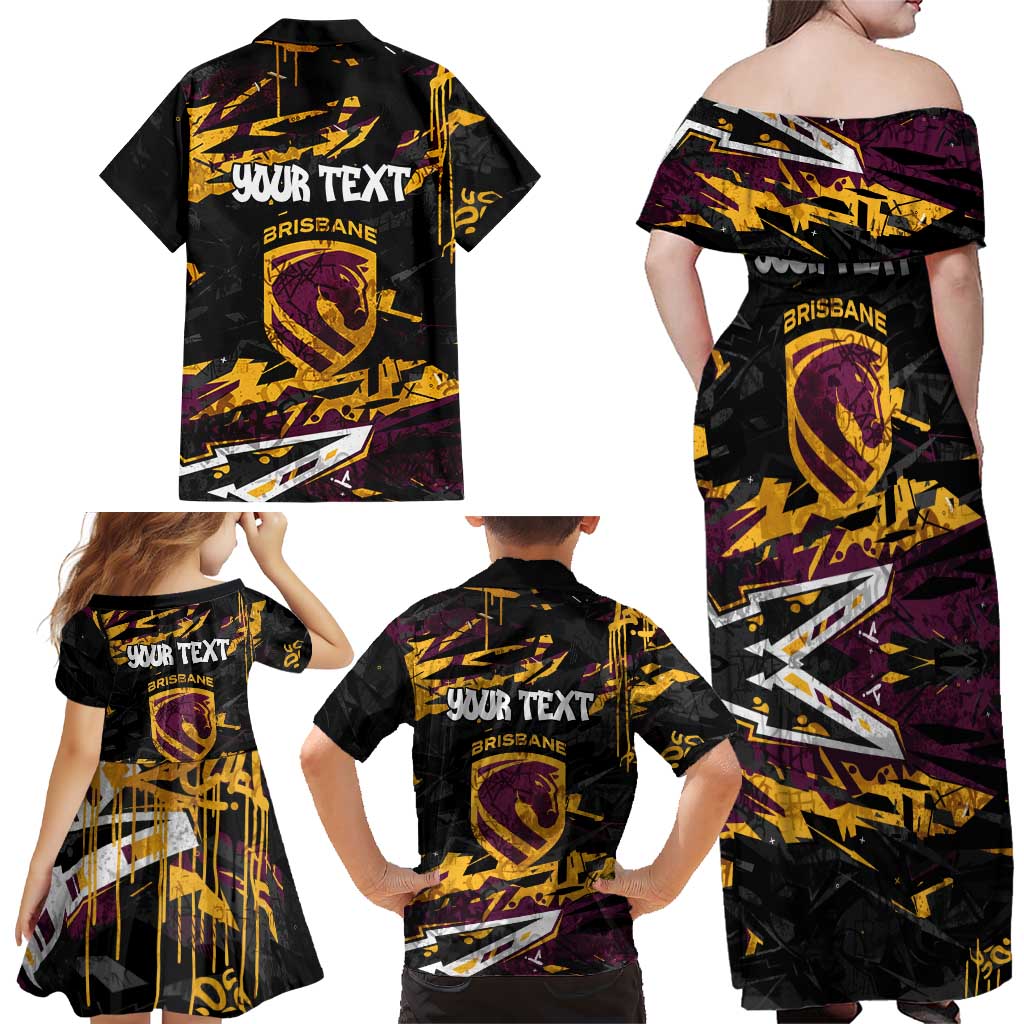 Personalized Brisbane Broncos Family Matching Off Shoulder Maxi Dress and Hawaiian Shirt Graffiti Grunge Abstract Urban Street Style Design