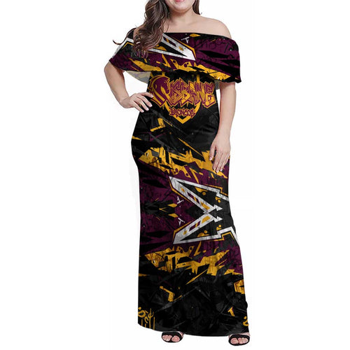 Personalized Brisbane Broncos Family Matching Off Shoulder Maxi Dress and Hawaiian Shirt Graffiti Grunge Abstract Urban Street Style Design