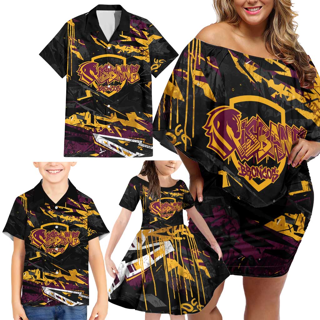 Personalized Brisbane Broncos Family Matching Off Shoulder Short Dress and Hawaiian Shirt Graffiti Grunge Abstract Urban Street Style Design