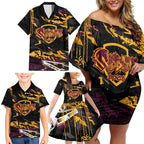 Personalized Brisbane Broncos Family Matching Off Shoulder Short Dress and Hawaiian Shirt Graffiti Grunge Abstract Urban Street Style Design