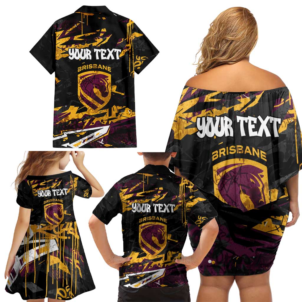 Personalized Brisbane Broncos Family Matching Off Shoulder Short Dress and Hawaiian Shirt Graffiti Grunge Abstract Urban Street Style Design