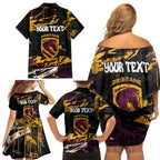 Personalized Brisbane Broncos Family Matching Off Shoulder Short Dress and Hawaiian Shirt Graffiti Grunge Abstract Urban Street Style Design