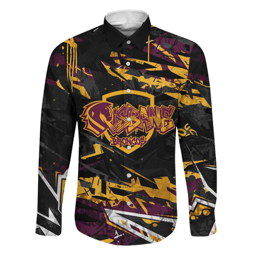 Personalized Brisbane Broncos Family Matching Off Shoulder Short Dress and Hawaiian Shirt Graffiti Grunge Abstract Urban Street Style Design