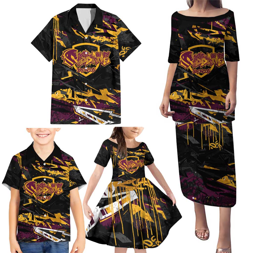 Personalized Brisbane Broncos Family Matching Puletasi and Hawaiian Shirt Graffiti Grunge Abstract Urban Street Style Design