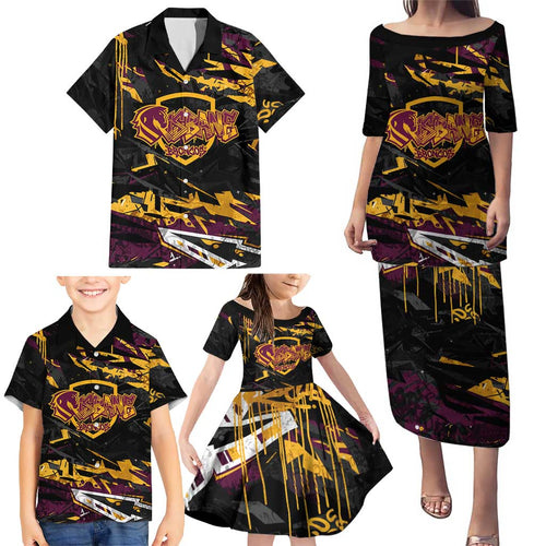 Personalized Brisbane Broncos Family Matching Puletasi and Hawaiian Shirt Graffiti Grunge Abstract Urban Street Style Design