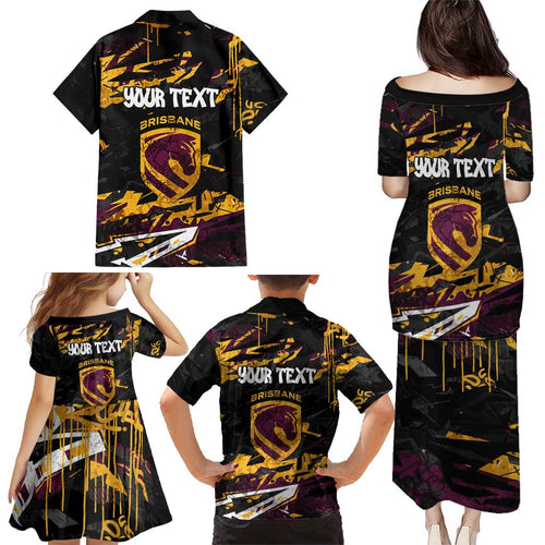 Personalized Brisbane Broncos Family Matching Puletasi and Hawaiian Shirt Graffiti Grunge Abstract Urban Street Style Design