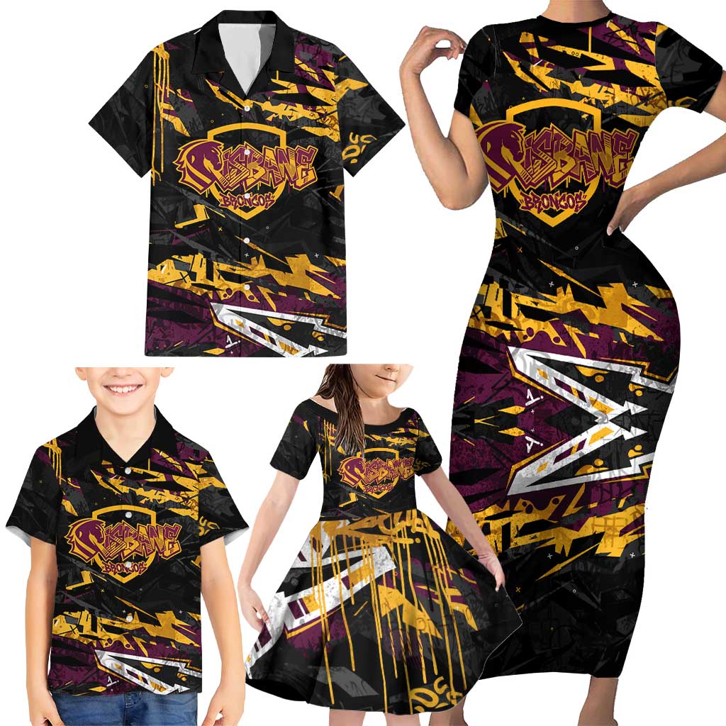 Personalized Brisbane Broncos Family Matching Short Sleeve Bodycon Dress and Hawaiian Shirt Graffiti Grunge Abstract Urban Street Style Design