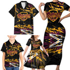 Personalized Brisbane Broncos Family Matching Short Sleeve Bodycon Dress and Hawaiian Shirt Graffiti Grunge Abstract Urban Street Style Design