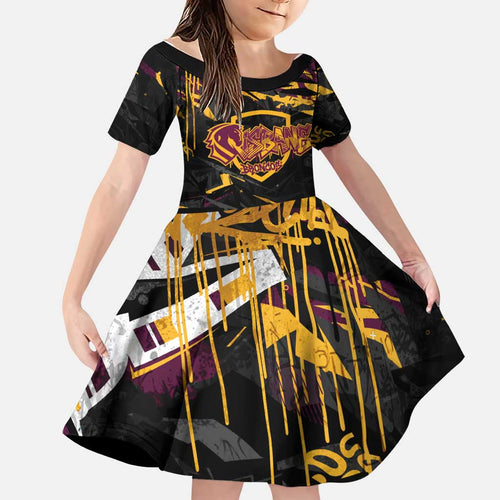 Personalized Brisbane Broncos Family Matching Short Sleeve Bodycon Dress and Hawaiian Shirt Graffiti Grunge Abstract Urban Street Style Design