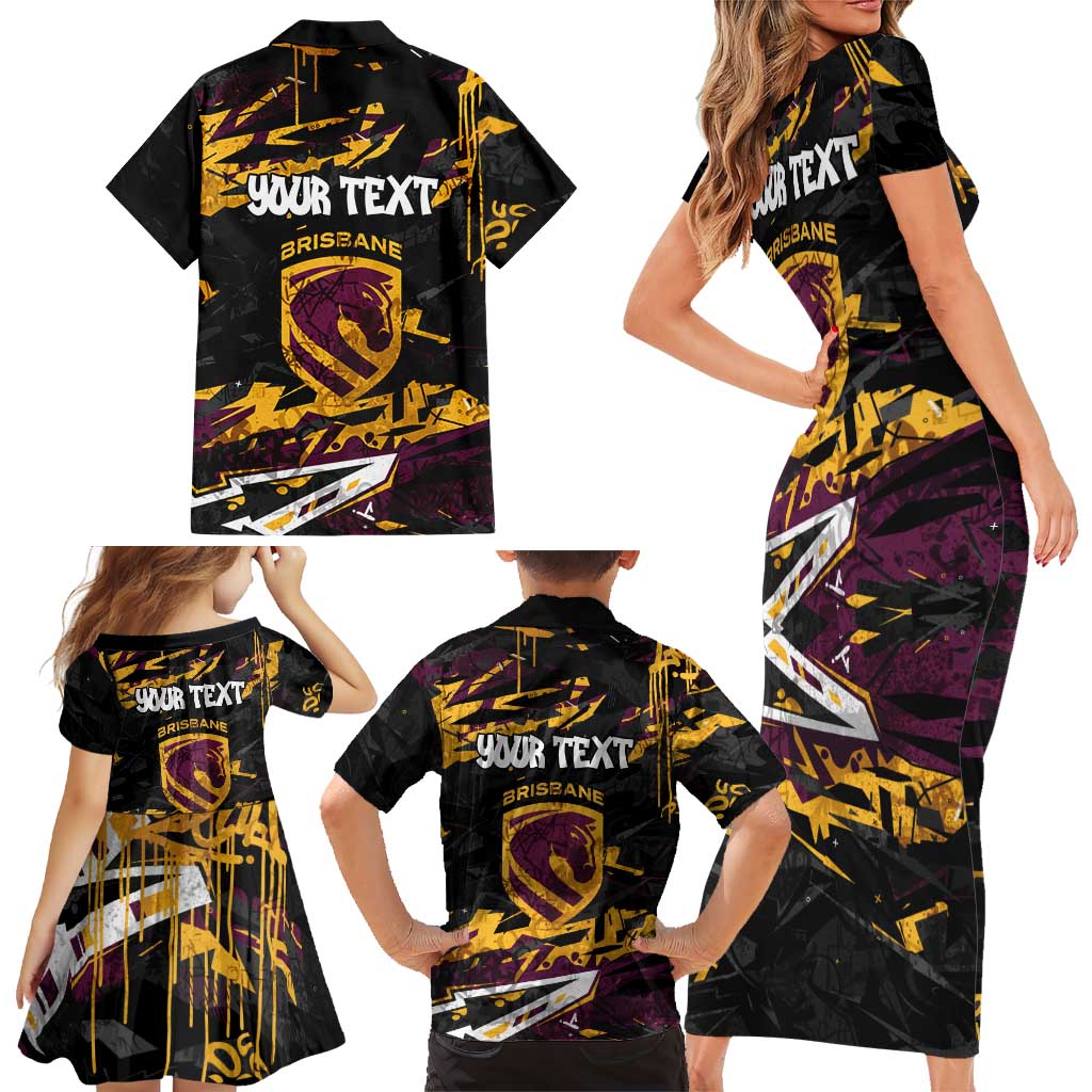 Personalized Brisbane Broncos Family Matching Short Sleeve Bodycon Dress and Hawaiian Shirt Graffiti Grunge Abstract Urban Street Style Design