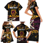 Personalized Brisbane Broncos Family Matching Short Sleeve Bodycon Dress and Hawaiian Shirt Graffiti Grunge Abstract Urban Street Style Design