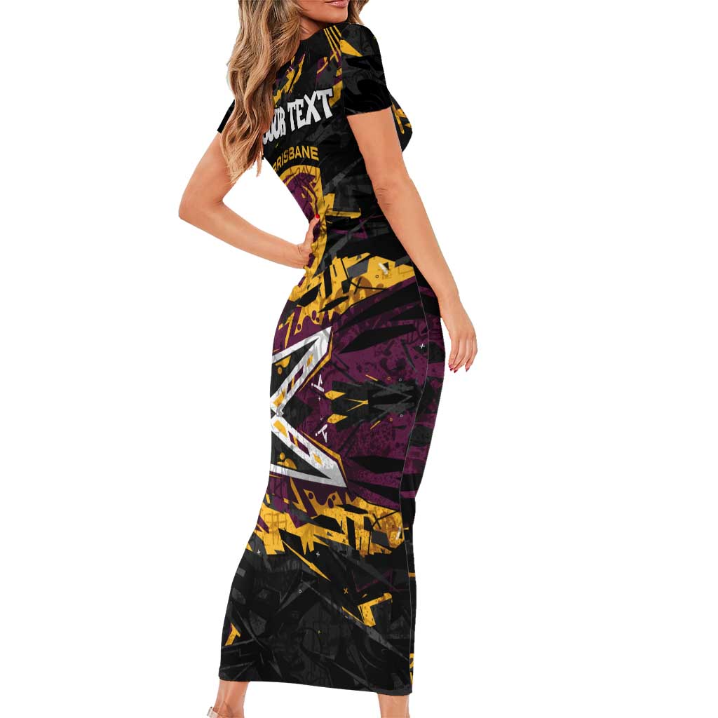 Personalized Brisbane Broncos Family Matching Short Sleeve Bodycon Dress and Hawaiian Shirt Graffiti Grunge Abstract Urban Street Style Design