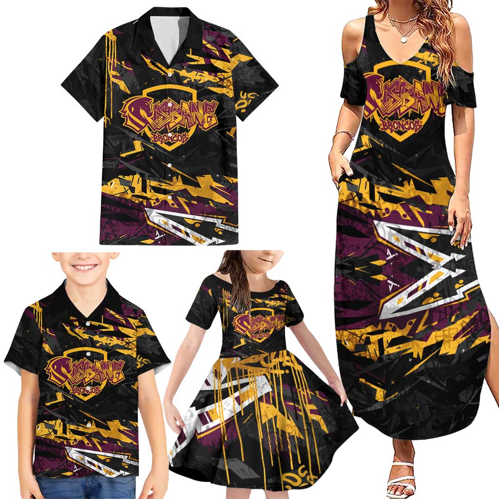 Personalized Brisbane Broncos Family Matching Summer Maxi Dress and Hawaiian Shirt Graffiti Grunge Abstract Urban Street Style Design