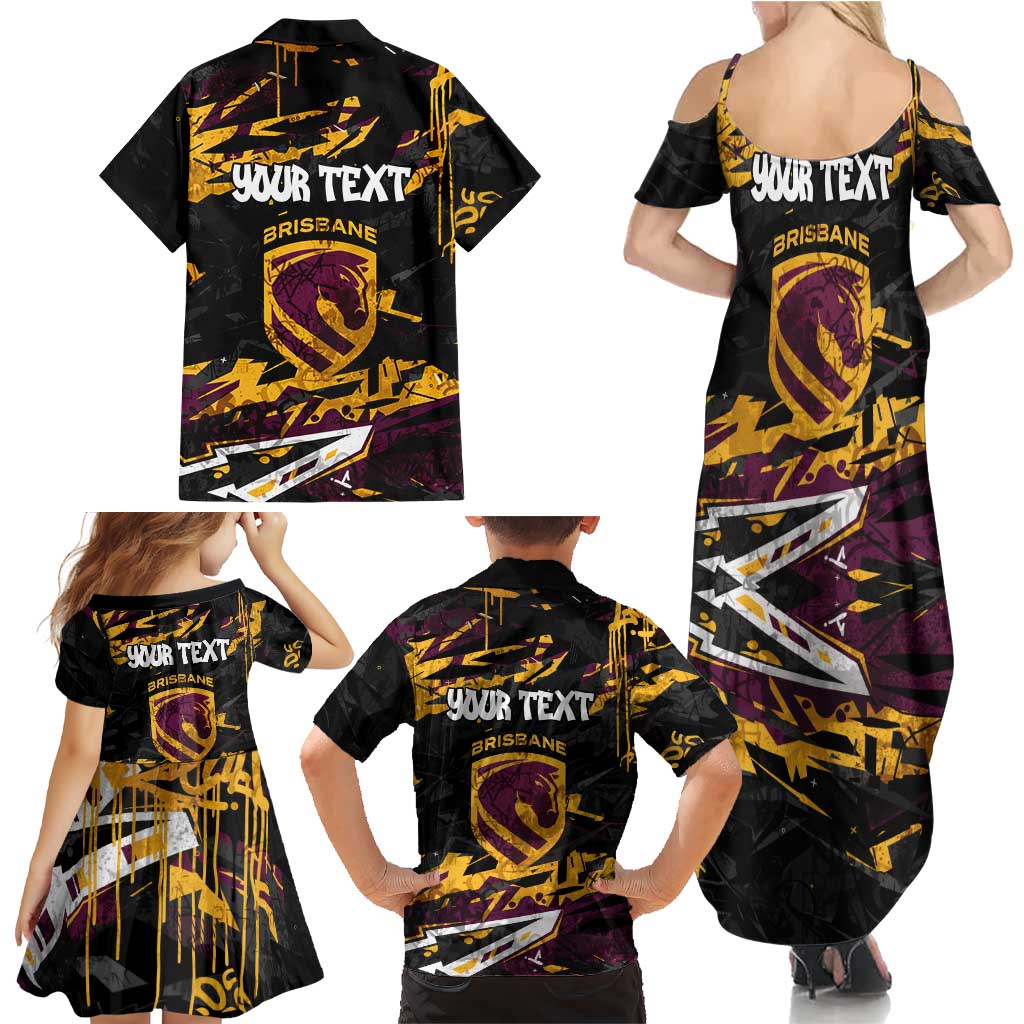 Personalized Brisbane Broncos Family Matching Summer Maxi Dress and Hawaiian Shirt Graffiti Grunge Abstract Urban Street Style Design