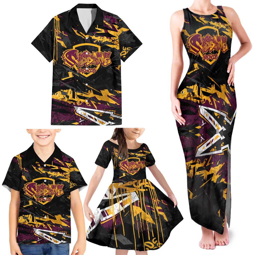 Personalized Brisbane Broncos Family Matching Tank Maxi Dress and Hawaiian Shirt Graffiti Grunge Abstract Urban Street Style Design