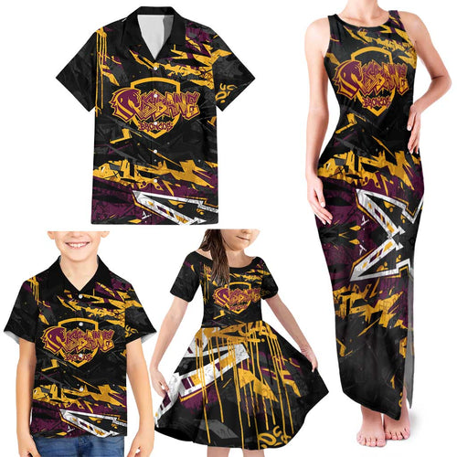 Personalized Brisbane Broncos Family Matching Tank Maxi Dress and Hawaiian Shirt Graffiti Grunge Abstract Urban Street Style Design