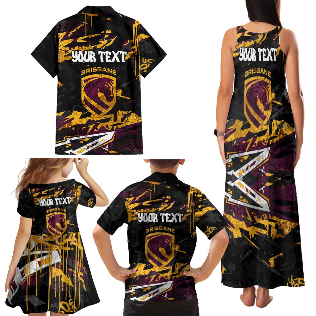 Personalized Brisbane Broncos Family Matching Tank Maxi Dress and Hawaiian Shirt Graffiti Grunge Abstract Urban Street Style Design