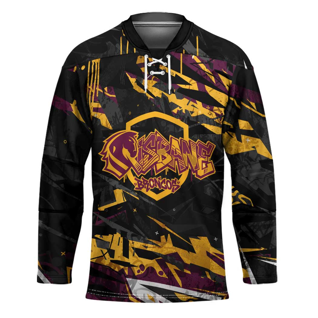 Personalized Brisbane Broncos Hockey Jersey Graffiti Grunge Abstract Urban Street Style Design