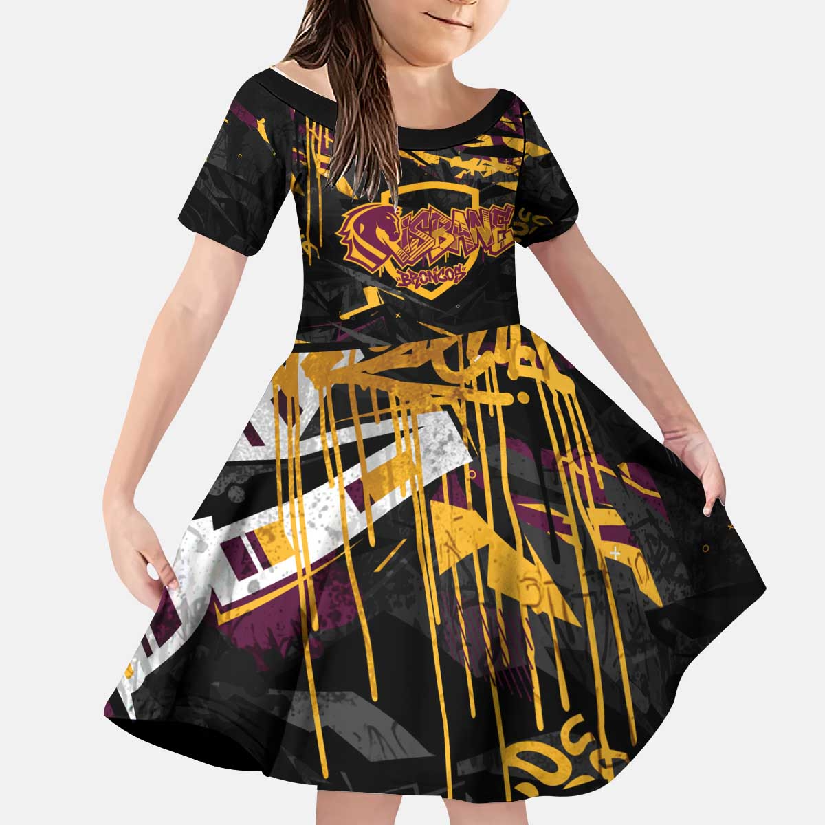Personalized Brisbane Broncos Kid Short Sleeve Dress Graffiti Grunge Abstract Urban Street Style Design