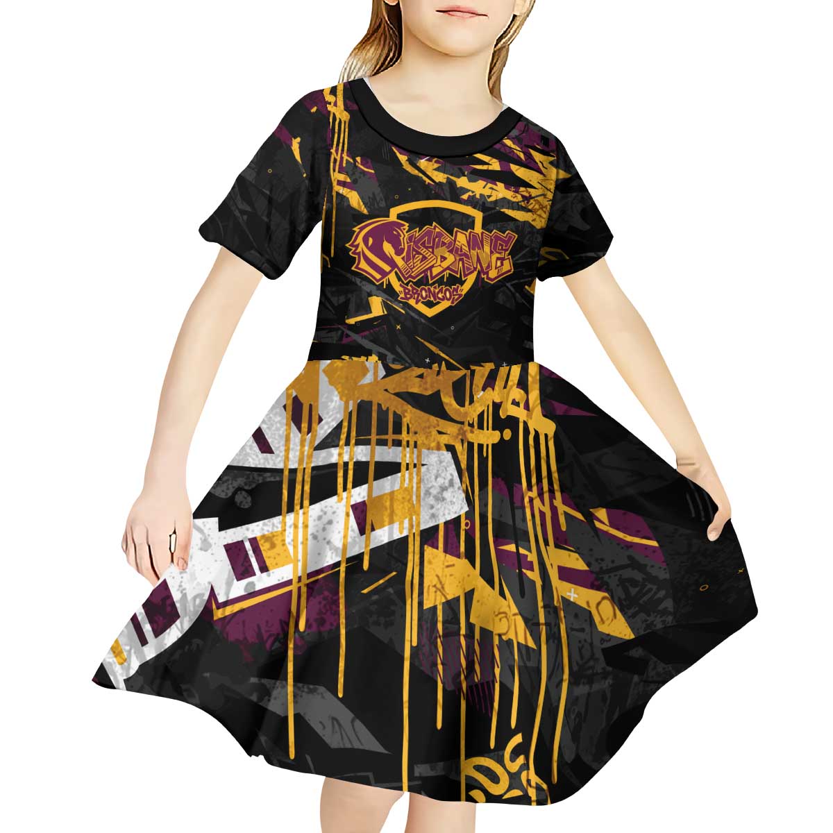 Personalized Brisbane Broncos Kid Short Sleeve Dress Graffiti Grunge Abstract Urban Street Style Design