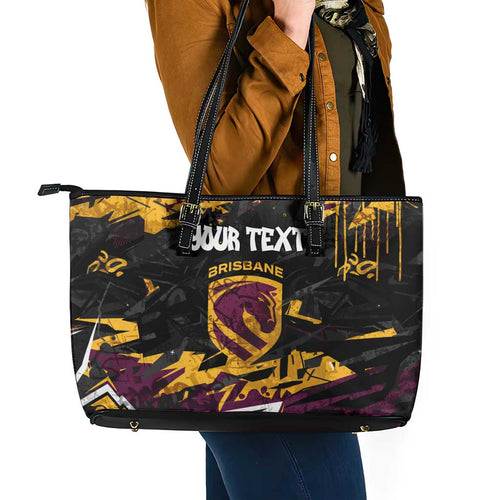 Personalized Brisbane Broncos Leather Tote Bag Graffiti Grunge Abstract Urban Street Style Design