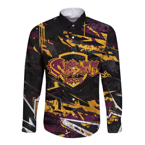 Personalized Brisbane Broncos Long Sleeve Button Shirt Graffiti Grunge Abstract Urban Street Style Design